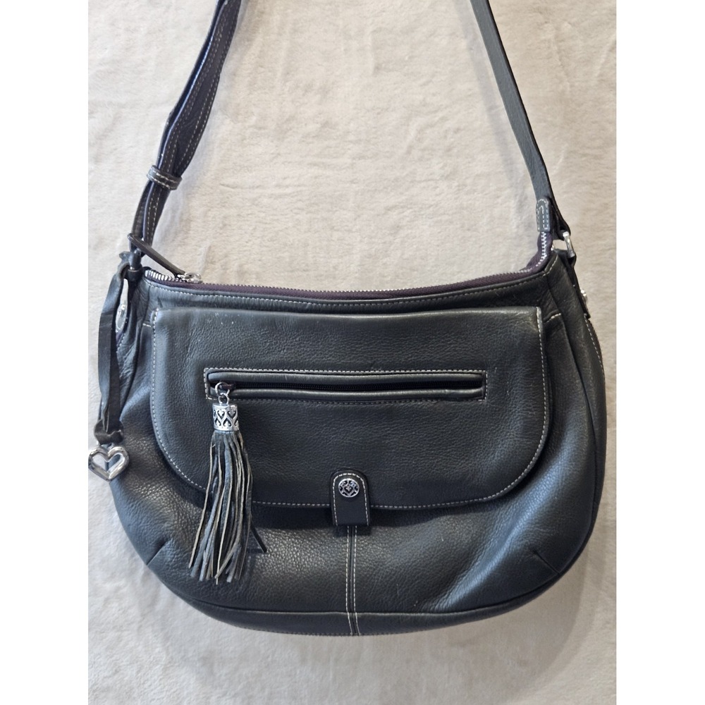 BRIGHTON Olive Green Leather Expandable Hobo Shoulder Bag Tassel Zip Heart Charm